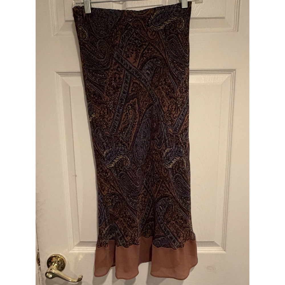Willi Smith Paisley Silk Blend Midi Skirt Brown Blue Sheer Hem Boho Vintage 2